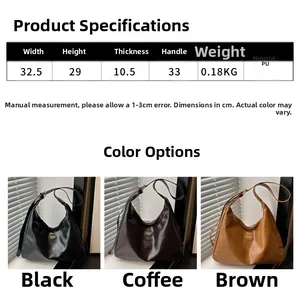 Size chart and specifications for large capacity soft PU leather tote bag in three colors
