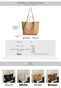Size chart and dimensions for the large PU leather tote bag in four classic colors