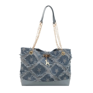 Retro denim tote bag featuring star patterns, frayed diamond texture, and chain strap