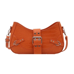 Orange croc-embossed crescent hobo bag with wide buckle strap and silver hardware