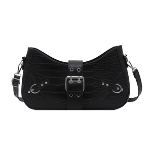 Chic black crocodile embossed baguette shoulder bag with silver eyelets and buckle details