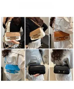 Detailed views of crossbody shoulder bag with stitch flap and chain strap in multiple colors