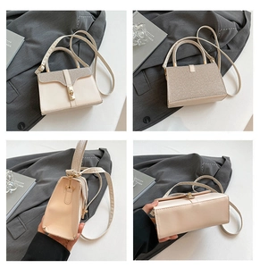 Detail view showing four angles of a beige glitter crossbody bag with gold clasp and strap