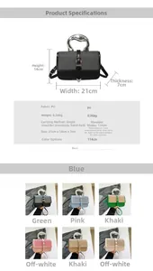 Detailed chart showing PU leather crossbody bag dimensions, strap length, and six color options