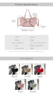 Detailed size chart for nylon bow handbag with dimensions and various strap length specs