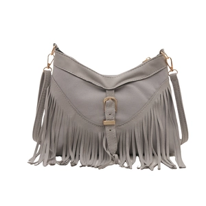 Retro grey suede-like crescent bag with long fringe tassels and metal buckle closure