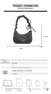 Detailed size chart for crescent underarm bag with dimensions 23x15.5x7.5cm