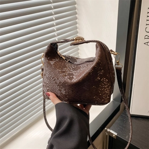 Minimalist dark brown snakeskin pattern pillow handbag with gold metal hardware