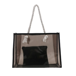 Minimalist smoke grey PVC tote bag with white rope handles and black inner pouch