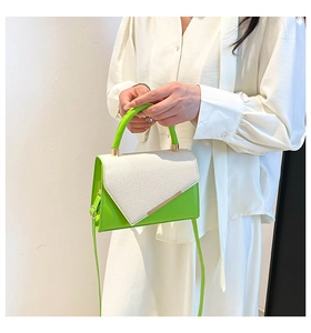 Détail du sac à main en tweed vert et blanc avec barre métallique dorée sur le rabat