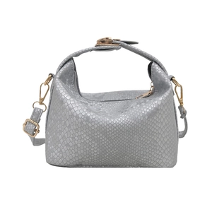 Light gray snake texture handbag with gold hardware and removable shoulder strap
