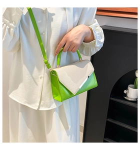 Détail d'un sac à main en cuir vert et tissu blanc texturé avec garniture en métal argenté