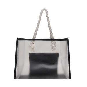Pink transparent PVC tote bag with black inner pouch and white cotton rope handles