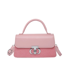 Pink striped leather handbag for women with silver metal clasp and crossbody strap