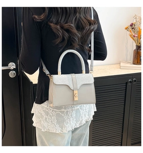 Detail of silver crossbody bag with glossy leather, metallic twist lock and slim strap
