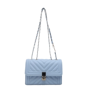 Modern light blue quilted shoulder bag with silver chain strap and metal turn-lock closure