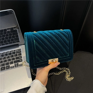 Deep teal velvet quilted chain bag with gold metal lock for women fashion