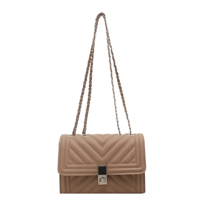 Elegant khaki quilted crossbody bag with V-shaped stitching and silver chain strap