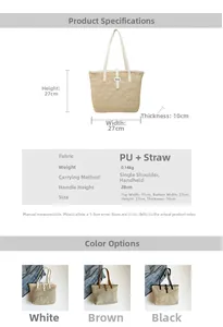 Guide des tailles du grand sac en paille 41x27x10cm avec détails des anses en PU