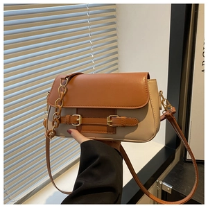 Detail of color-block crossbody bag featuring brown flap and gold buckle hardware