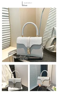 Detailed views of gray silver crossbody bag featuring sequins and a gold square lock buckle