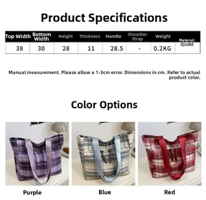 Size chart showing 38x28cm dimensions for the plaid tote bag in purple, blue, and red