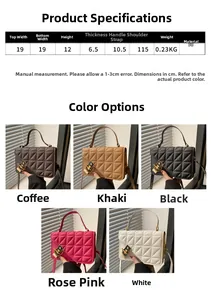 Detailed size chart for quilted PU leather crossbody bags showing dimensions and five colors