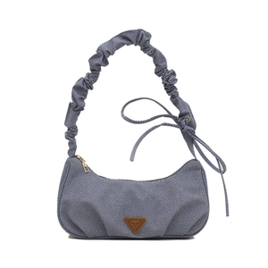 Blue striped denim underarm bag with pleated shoulder strap and vintage crescent shape