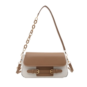 Contrast color shoulder bag with chain strap and dual decorative buckle straps