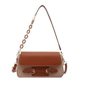 Brown and beige flap shoulder bag with contrast stitching and amber chain strap