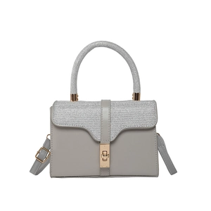 Chic grey PU leather crossbody bag with silver glitter flap and gold metal twist lock