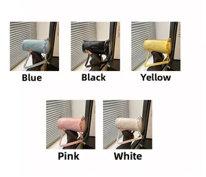 Détails de sacs cylindriques en cuir PU en bleu, noir, jaune, rose et blanc avec chaîne