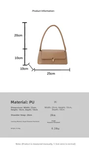 Tableau des tailles détaillé du sac bandoulière en PU marron avec dimensions 25x10x10cm et anse