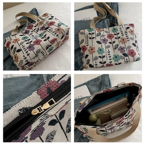 Detailed views of floral jacquard tote bag with zip closure and spacious interior