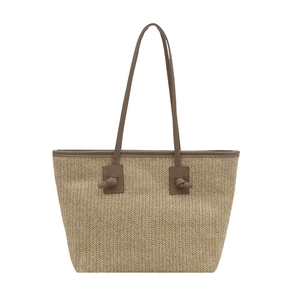 Borsa tote in paglia con manici in pelle marrone e nodo per vacanze estive