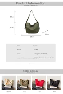 Detailed size chart and multi-color nylon tote bags showing exact dimensions and weight