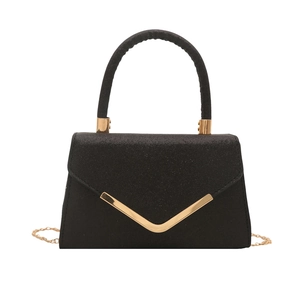 Chic black women's small square evening bag with golden V-shaped metal decoration