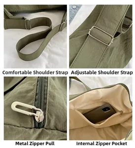 Detail view of adjustable wide strap and secure metal buckle on olive nylon tote bag