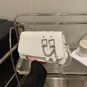 Trendy Women PU Leather Baguette Bag Belt Buckle Chain Decor Shoulder Crossbody Bag Fashion Commuter Underarm Bag Daily Use