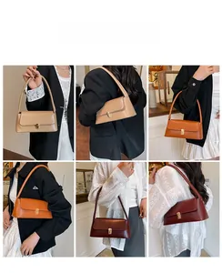 Detail view of retro small square shoulder bags in beige, brown, and burgundy colors