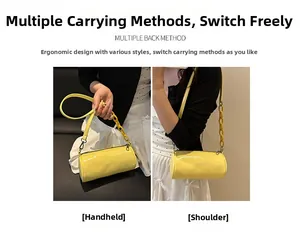 Détail du sac cylindrique jaune brillant avec bandoulière chaîne et finition vernie