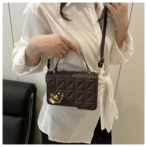 Close-up of a dark brown quilted crossbody bag with golden chain and clasp detail