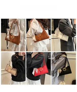 Detailed views of crossbody bags in five colors with textured leather and silk scarves