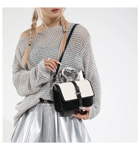 Detail of panda bicolor crossbody bag featuring a unique silver metallic top handle