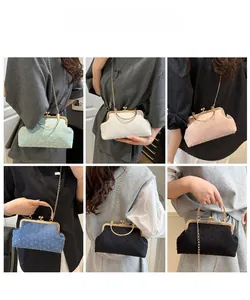 Close-up of retro metal frame bags in five colors with polka dot texture and chain strap