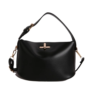 Elegant black faux leather handbag with gold twist-lock closure and versatile strap