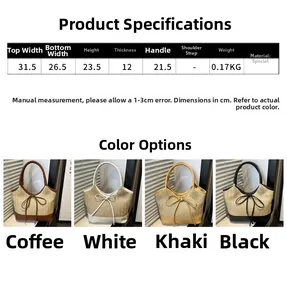 Detailed size chart and four-color options for the woven straw tote bag with bow detail