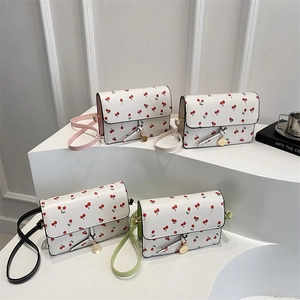 Women Sweet Cherry Print Shoulder Bag PU Leather Crossbody Small Square Handbag With Flip Cover And Metal Pendant
