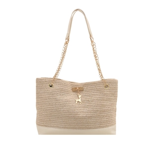 Large beige woven straw tote bag with gold chain straps and a small deer charm