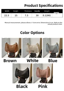 Detailed size parameters and five color options for the crescent bag with a bow accent